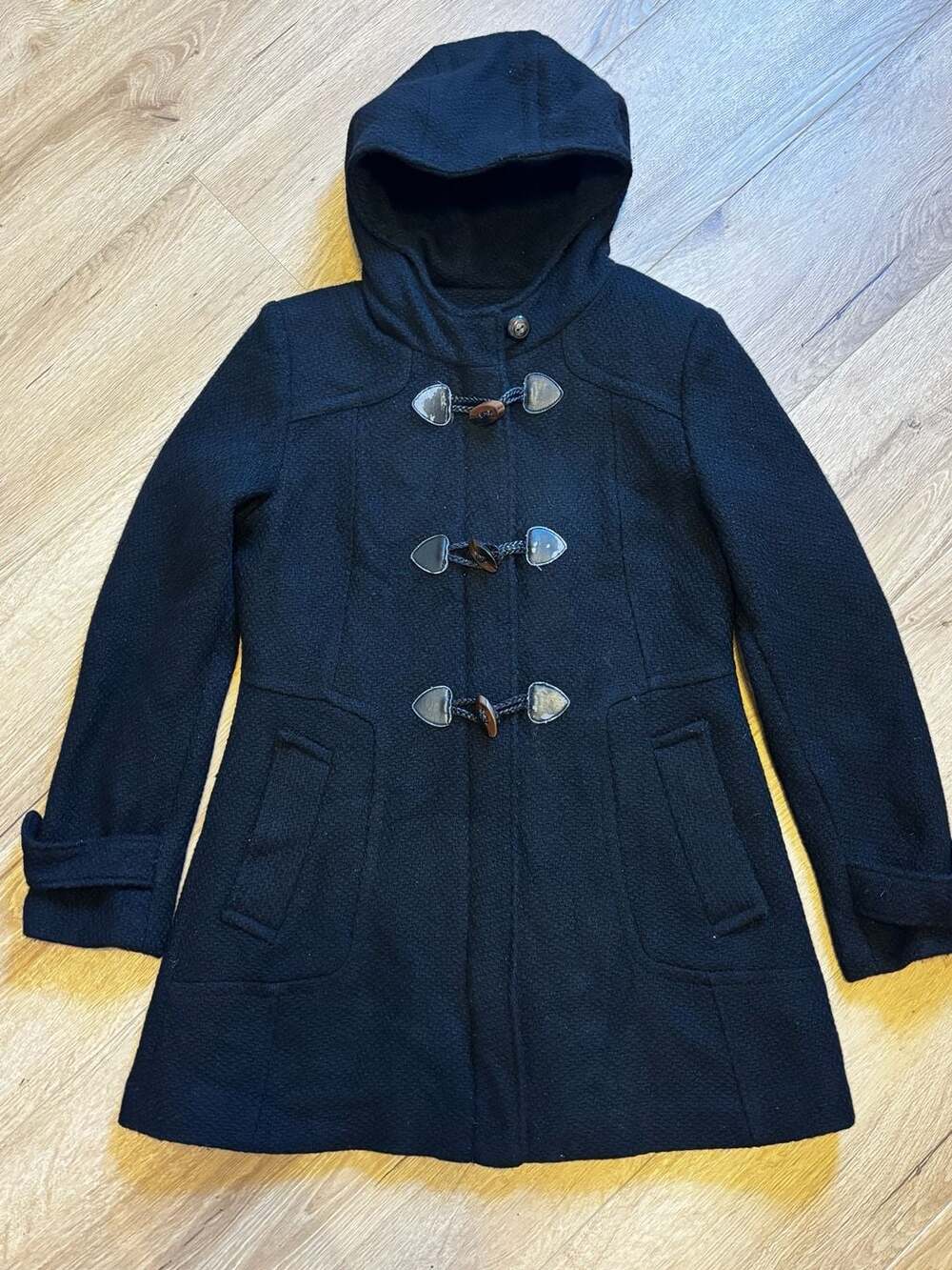 Cole Haan Women's Black Wool Blend Hooded Duffle Coat Size 10